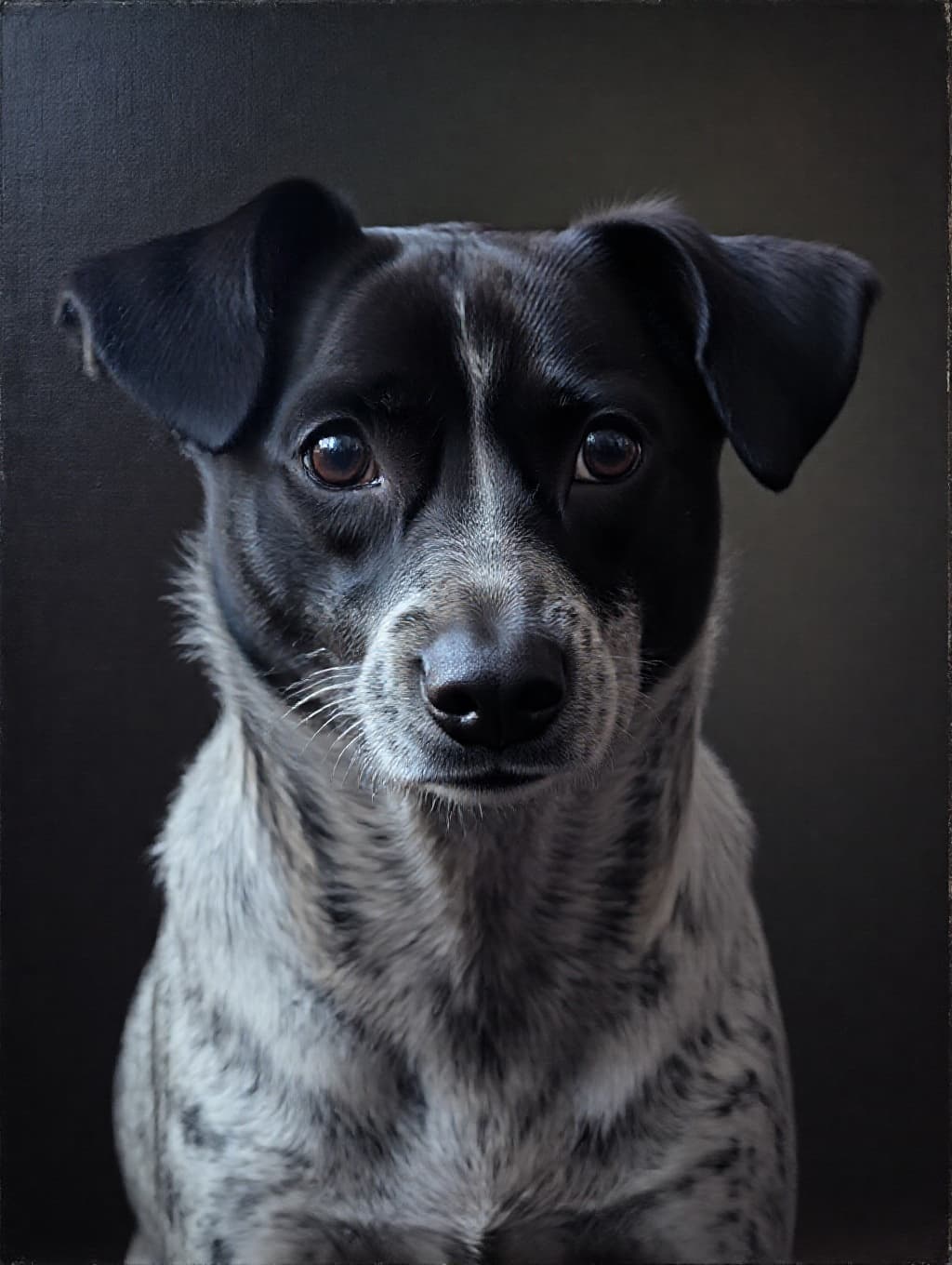 Custom AI-generated portrait of Haley, a black-and-white heeler mix — trained on her owner's own photos so her real face, eyes and markings are preserved instead of a generic breed approximation